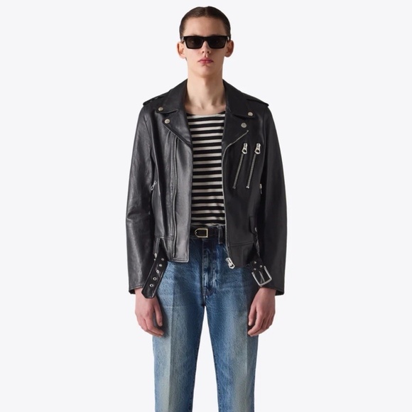BLK DNM Men's Black Back Print Leather Jacket 46 M